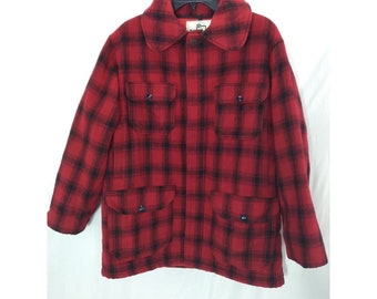 40s 50s Vintage Woolrich Coat, Red and Black Mackinaw Plaid Wool