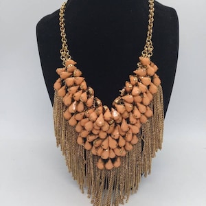 Stunning 80s w/tag Kenneth Jay Lane couture collection Bib style teardrop beaded gold tone tassels necklace 1 bead missing