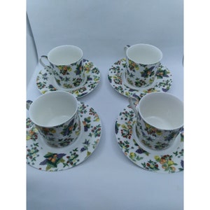 RSVP Fruit Chintz pattern Bone Chintz set ov 4 Cups & Saucers one is chipped