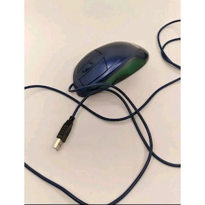 May include: A blue and green wired computer mouse with a USB connector.