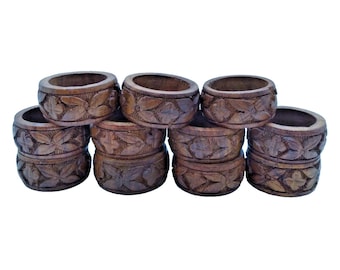 Juego vintage de 11 servilleteros de madera tallados a mano, estilo retro bohemio de la India. LEER