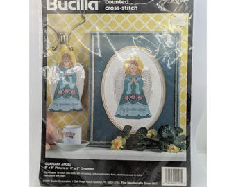 Adorno navideño de ángel de la guarda de Bucilla, punto de cruz, 9 x 6, NOS, 1995