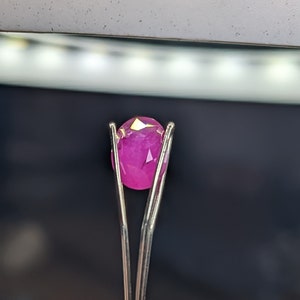 May include: A vibrant pink oval-shaped gemstone held in a metal clamp. The gemstone is faceted and reflects light.