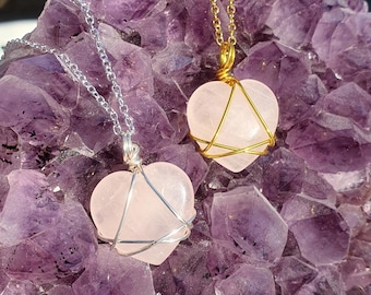 Rose Quartz Heart Crystal Necklace, Diamond Castle, Wire Wrapped Friendship Necklace (handmade to order)