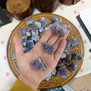 Può includere: Una mano che tiene diversi piccoli cristalli di ametista. I cristalli sono di un colore viola intenso e hanno una consistenza ruvida e naturale. I cristalli sono disposti su un piatto di legno con un design decorativo.
