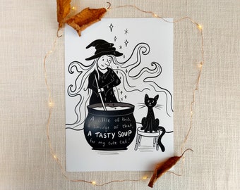 Ilustração de bruxa, impressão de bruxa, impressão sem moldura A4 de gato preto