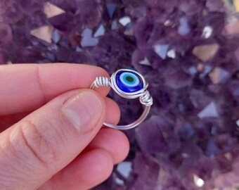 Evil Eye Ring Wire Wrapped (handmade) Nazar Ring, Please provide ring size :)