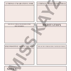 May include: A daily agenda template in beige and white, featuring sections for gratitude, tasks, boundaries, meditation, strengths, and notes. The words "Daily" and "Agenda" are at the top.