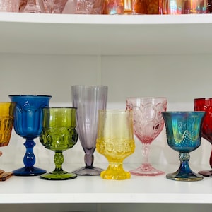 8 Vintage multicolored goblets mismatch mixed water goblets fall decor boho wine glasses set mcm glassware wedding glasses rainbow glasses
