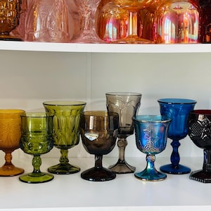 10 Vintage multicolored goblets mismatch mixed water goblets fall decor boho wine glasses set mcm glassware wedding glasses rainbow glasses