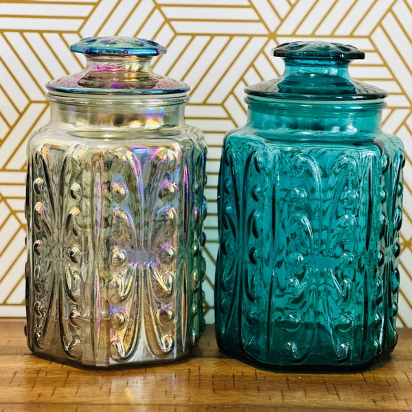 2 Vintage Indiana glass carnival atterbury scroll kitchen canister cookie biscuit jar teal Imperial Atterbury Scroll vintage canisters