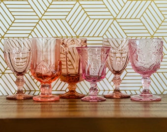 Vintage pink Mismatched water goblets multicolored mixed amethyst wine glasses pink boho wine glasses mcm bar cart glassware mcm wedding