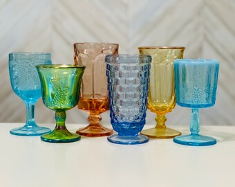 Vintage multicolored goblets mismatch mixed water goblets bohemian boho wine glasses set of 6 mcm glassware wedding glasses rainbow glasses