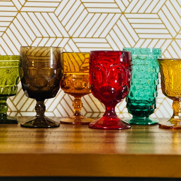 6 Vintage multicolored goblets mismatch mixed glasses mcm water goblets boho wine glasses wedding glasses rainbow glasses boho glassware