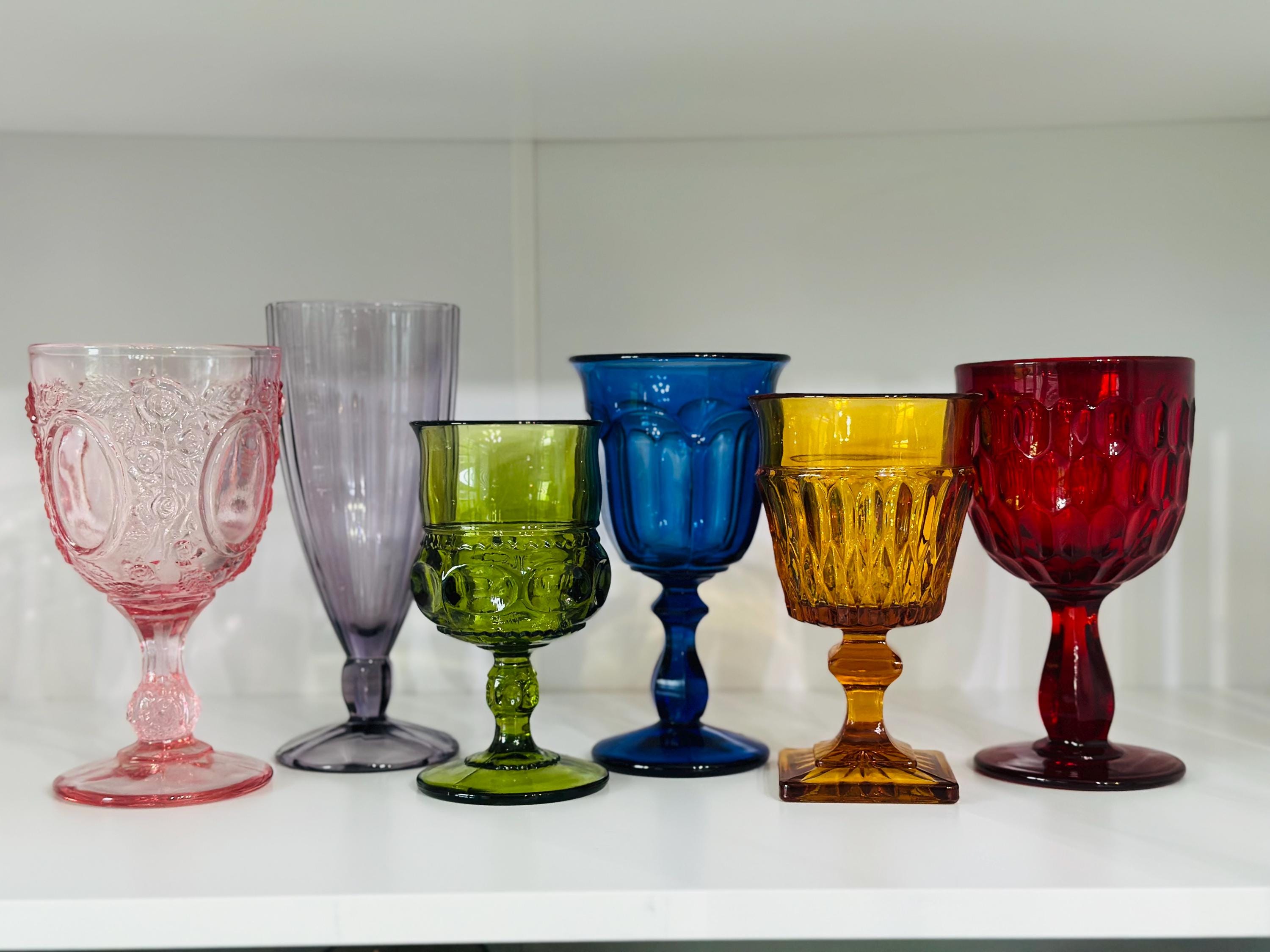 6 Vintage multicolored goblets mismatch mixed glasses mcm wine goblets boho wine glasses wedding glasses rainbow glasses boho glassware