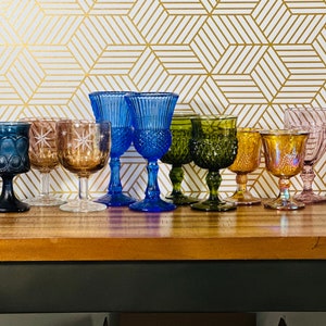 Vintage multicolored goblets mismatch mixed water goblets bohemian boho wine glasses set of 12 mcm glassware wedding glasses rainbow glasses