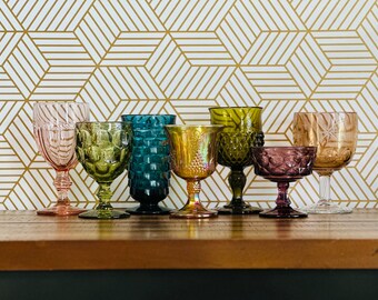 7 Vintage multicolored goblets mismatch mixed water goblets fall decor boho wine glasses set mcm glassware wedding glasses rainbow glasses