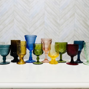 12 Vintage multicolored goblets mismatch mixed mcm water goblets bohemian boho wine glasses jewel tones wedding glasses rainbow glasses