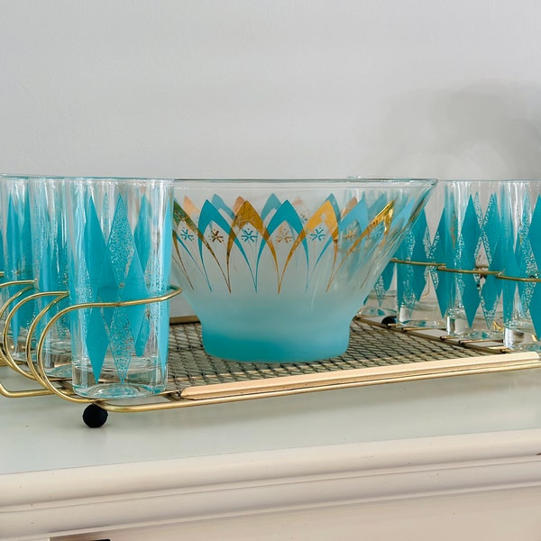 hazel atlas teal diamond harlequin highball glasses & chip bowl w caddy atomic star glass turquoise water glasses vintage water tumblers mcm