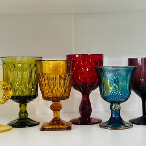 6 Vintage multicolored goblets mismatch mixed water goblets fall decor boho wine glasses set mcm glassware wedding glasses rainbow glasses