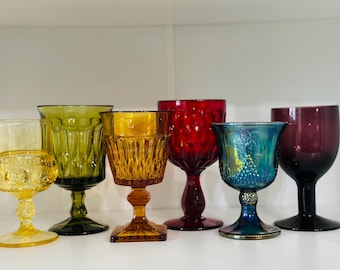 6 Vintage multicolored goblets mismatch mixed water goblets fall decor boho wine glasses set mcm glassware wedding glasses rainbow glasses