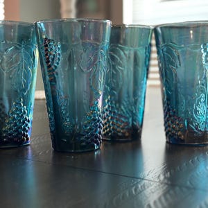 5x vintage Indiana glass blue carnival iridescent tumbler drinking glasses harvest grape drinking glasses mcm riviera mcm glassware boho cup