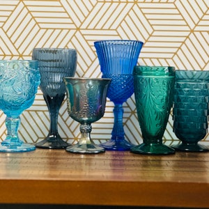 Vintage multicolored blue turquoise Spanish green goblets mismatch mixed blue water goblets wine glasses mcm Vtg style glasses wedding glass
