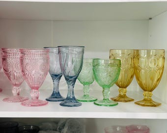 8 Vintage multicolored goblets mismatch mixed water goblets fall decor boho wine glasses set mcm glassware wedding glasses rainbow glasses