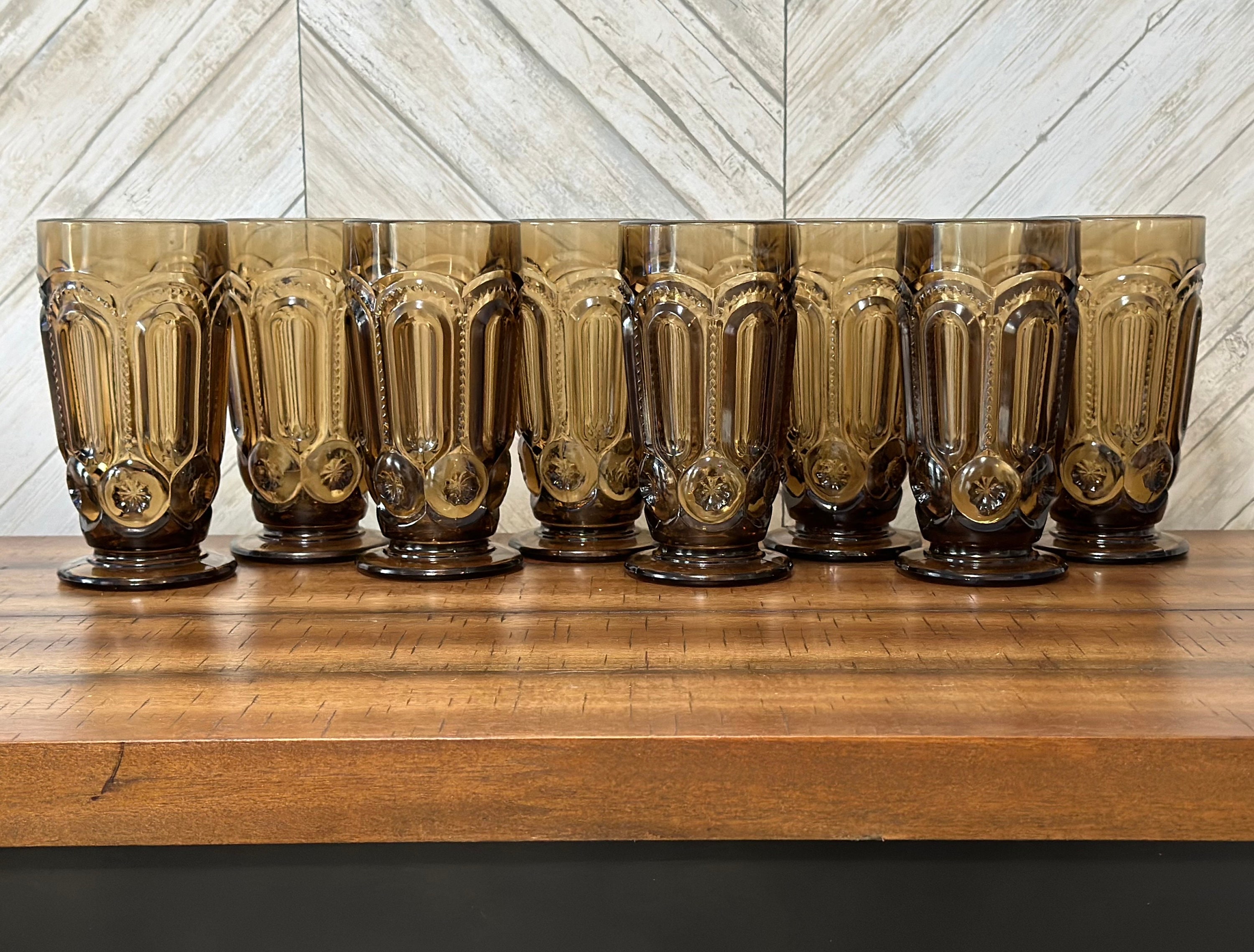 8 Vintage tea glasses smoke brown water goblets vintage glasses mcm bar cart glass boho wine glasses LE Smith smoke brown moon & star glass