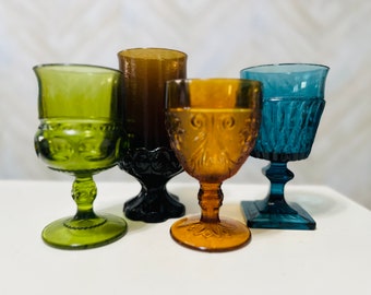 4 Vintage multicolored goblets mismatch mixed glasses mcm water goblets boho wine glasses wedding glasses rainbow glasses decanter bottle