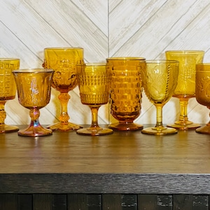 Vintage Mismatched amber water goblets multicolored yellow wine glasses boho build your own set rainbow wedding glasses yellow mcm glasses