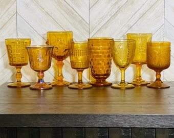 Vintage Mismatched amber water goblets multicolored yellow wine glasses boho build your own set rainbow wedding glasses yellow mcm glasses