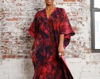 Herfstrode jurk Maxi Kaftan Grote maten Tie Dye kaftan met plooien Elegante nieuwjaarsfeestjurk met mouwen Losvallend mevrouw Roper-kostuum