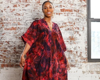 Rode maxi-jurk Tie Dye Kaftan-jurk Rode strandbedekkende zwangerschapsjurk Boho Grote maten kaftan Rode moslimjurk met mouwen Strandkaftan