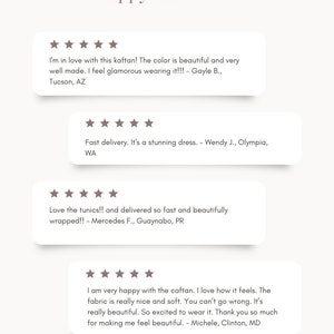 May include: Five-star customer reviews for a clothing store. The reviews highlight the quality, fit, and fast shipping of the clothing. The reviews are from customers in Tucson, Arizona, Olympia, Washington, Guaynabo, Puerto Rico, and Clinton, Maryland.