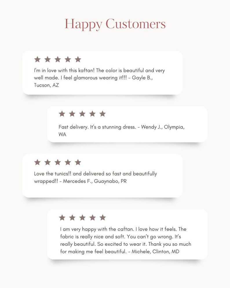 May include: Five-star customer reviews for a clothing store. The reviews highlight the quality, fit, and fast shipping of the clothing. The reviews are from customers in Tucson, Arizona, Olympia, Washington, Guaynabo, Puerto Rico, and Clinton, Maryland.