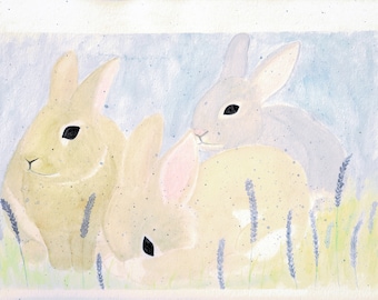 Bunnies in a lavender field watercolor painting