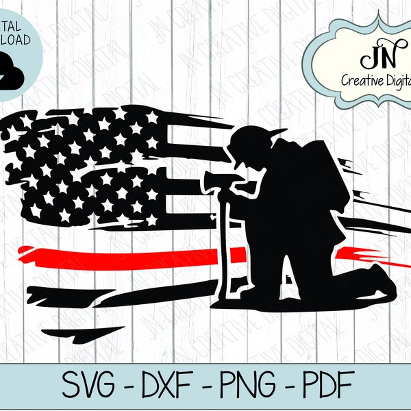 Firefighter Kneeling Weathered Flag SVG Cut File | Thin Red Line | Cut File | DXF | SVG  Cut File for Cricut or Silhouette