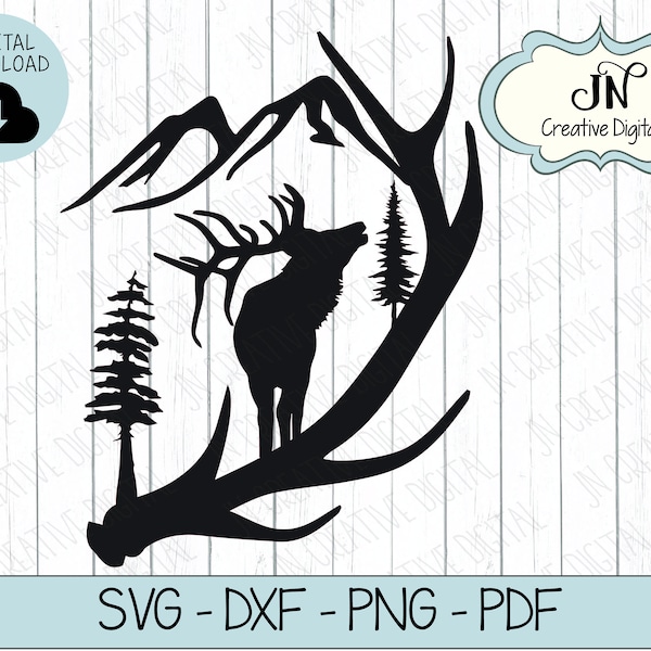 Elk Antler Scene SVG Cut File | Cut File | DXF | SVG  Cut File for Cricut or Silhouette