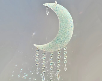 Atrapasueños de cristal de luna creciente, decoración colgante de pared de ventana, bonito atrapasueños, fabricante de arcoíris, captador de luz prisma, regalo de calentamiento de la casa