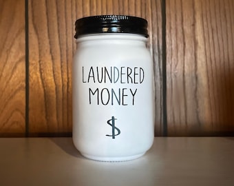 Laundry Room Coin Jar, Rustic Country Farmhouse Style, Glass Mason Decorations, Funny Laundered Money, Organization Change Housewarming Gift