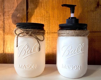 Black and White Farmhouse Mason Jar Soap Dispenser & Tooth Brush Holder, Rustic Home Decor, Country Charm Bathroom Decor, Bathroom Accessory