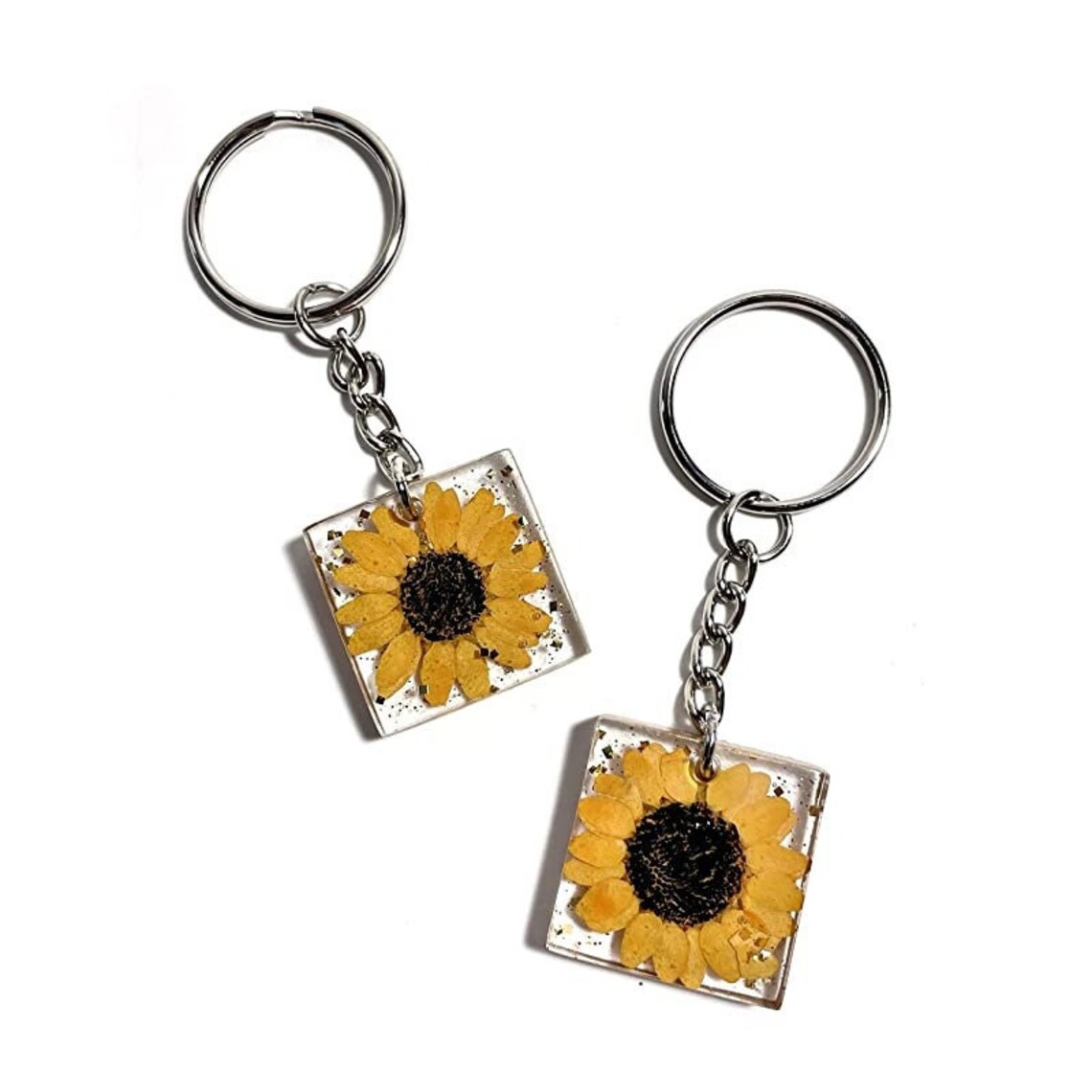 Mini Sunflower Keychain Real Flower Keychain Gold Glitter Etsy