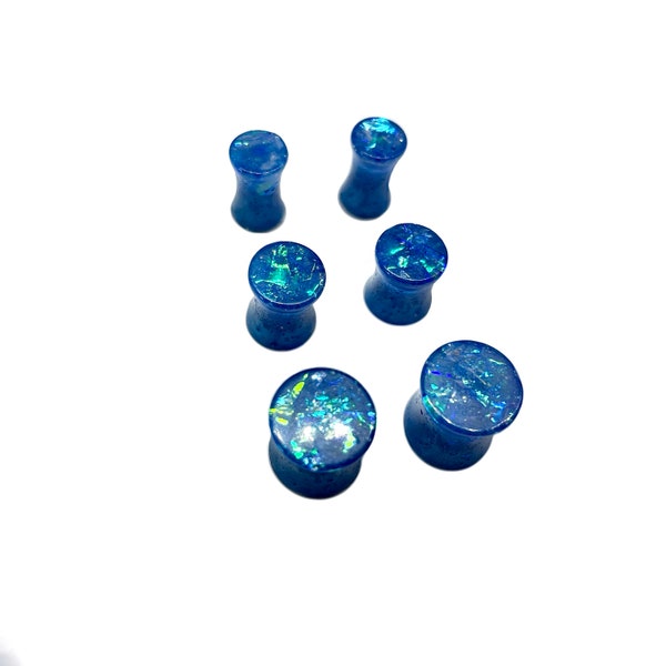 Size (2g, 0g, 00g) 6mm, 8mm, 10mm, Double Flare Gauges, Ear Plugs, Blue Opal, Sapphire, Body Jewelry, Sparkly Gauges, Glitter Plugs