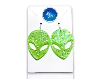 Glow In The Dark Alien Earrings, Blacklight Reactive Womens Rave Festival Accessories, Fun Weird Statement Jewelry, Cute Funky Gift For Her
