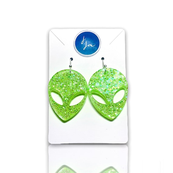 Glow In The Dark Alien Earrings, Blacklight Reactive Womens Rave Festival Accessories, Fun Weird Statement Jewelry, Cute Funky Gift For Her