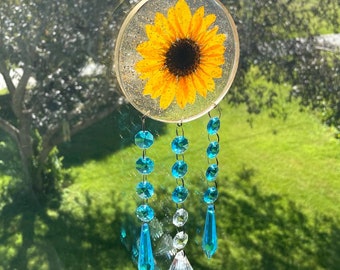 Sunflower Crystal Suncatcher, Hippie Housewarming Gift, Dreamcatcher Garden Window Decor, Wall Hang, Rainbow Light Maker, Real Dried Flower