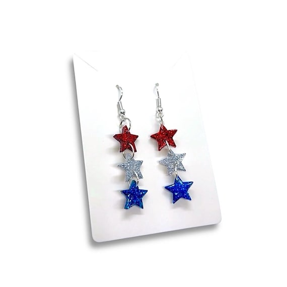 4E Blue & Silver Crystal Star Dangle Earrings – Patriotic Summer Sparkle main image 2