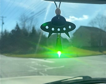 Alien Spaceship Car Charm with Crystal Light Beam, Sun Catcher, Auto Rear View Mirror Accessories, New Car Gift, Women Festival Rave Decor