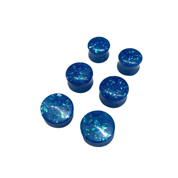 Size (9/16) 14mm, (5/8) 16mm, (11/16) 18mm, Double Flare Gauges, Ear Plugs, Blue Opal, Sapphire, Body Jewelry, Sparkly Gauges, Glitter Plugs